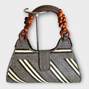 Elegant Black and Cream Large Striped Straw Shoulder Bag Beaded Handle